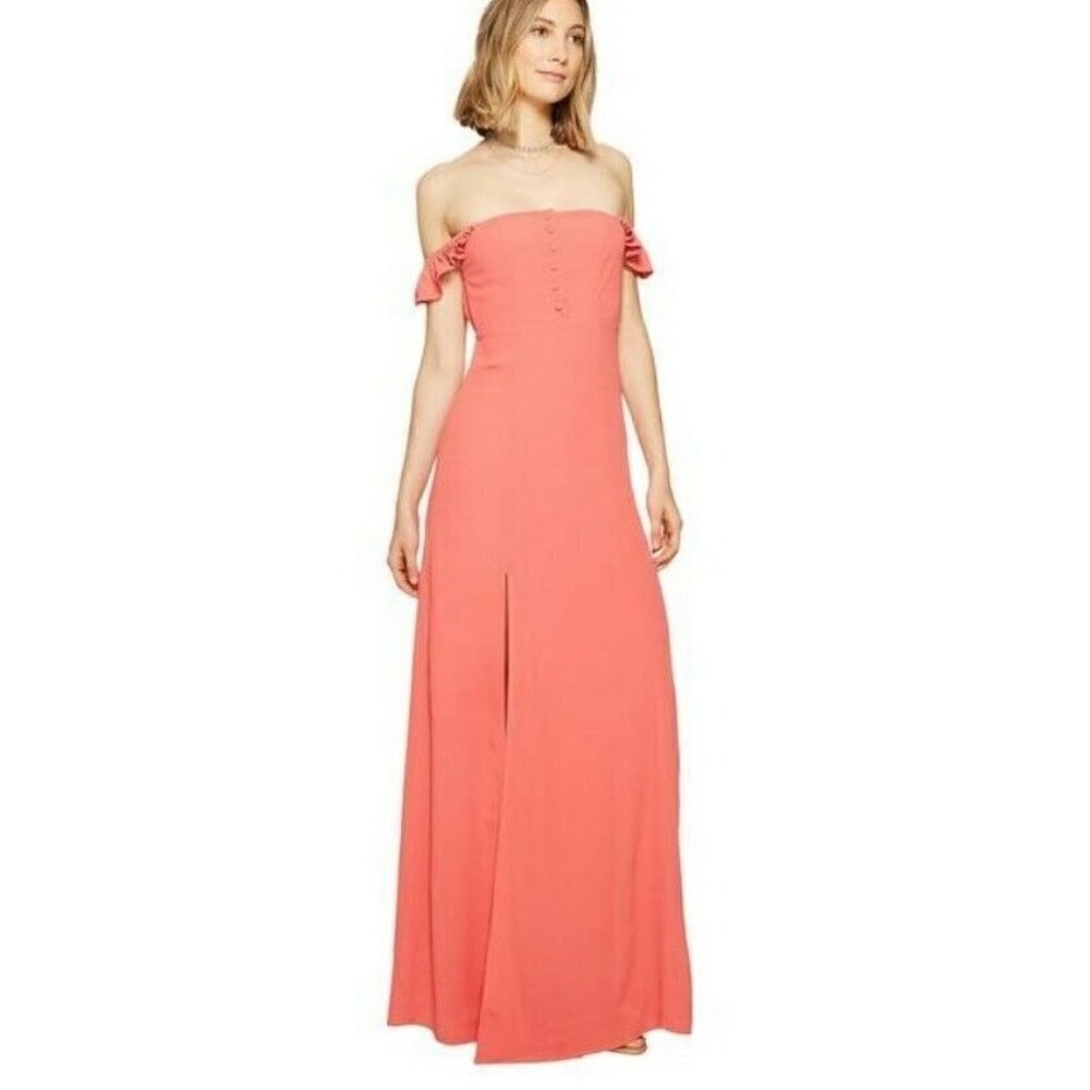 New Flynn Skye Bardot Maxi Dress Womens S Solid Coral Rayon